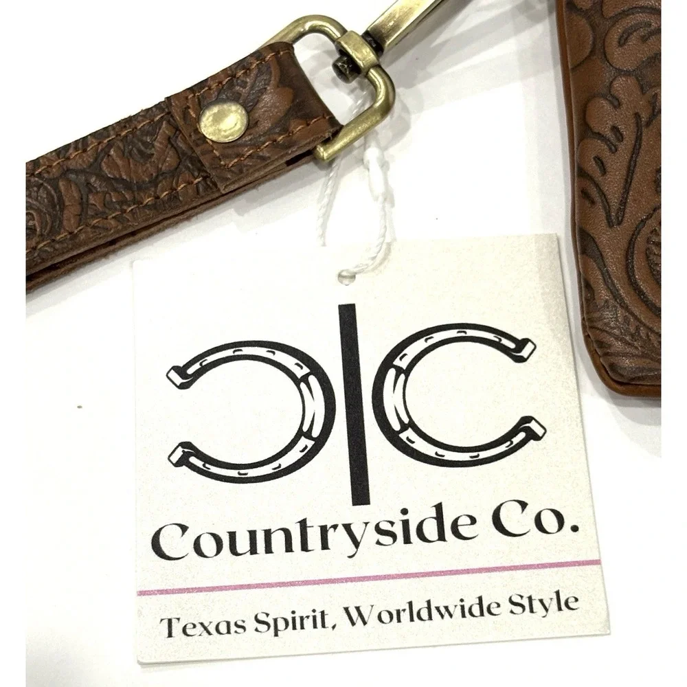 Countryside Co. Cowhide Tooled Leather Wristlet Clutch Brown White NWT